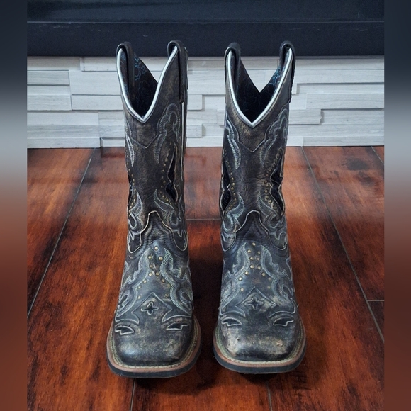 Laredo Spellbound Black Tan Leather Square Toe West Cowgirl Boot Size 9 - Picture 3 of 10